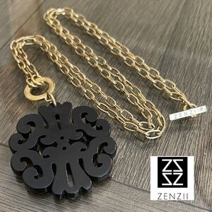 Zenzii Necklace - Black Scroll Pendant - Uptown Swirl